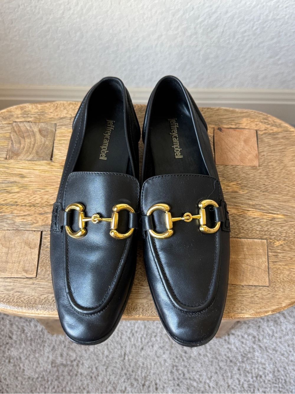 Jeffrey Campbell Black Leather Loafers with Gold Horsebit